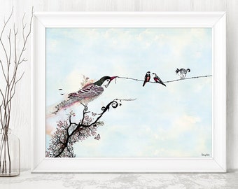 Birds on a Wire Whimsical Wall Art Print, Original Watercolor Painting, Watercolor Fine Art Print, Whimsical Bird Art, Bird Watercolor Art