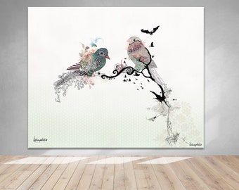 Impresión grande sobre lienzo, arte mural de gran formato, pintura de acuarela, pájaros enamorados, arte mural con pájaros, impresión de pintura original, pintura de gran formato
