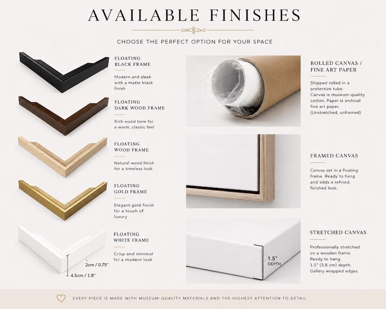The image is a collection of different types of picture frames, each with its own unique features and characteristics. The frames are available in various styles, such as floating black frames, rolled canvas frames, dark wood frames, floating gold frames, and stretched white frames. The image provides a visual comparison of these different frame options, allowing viewers to choose the perfect option for their space based on their preferences and needs.