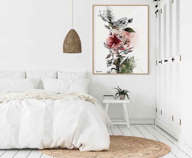 Large Wall Art, Red Flower Painting, Large Watercolor Art, Canvas Art Print, Large Colorful Painting, Living Room Wall Art, Red Rose Art