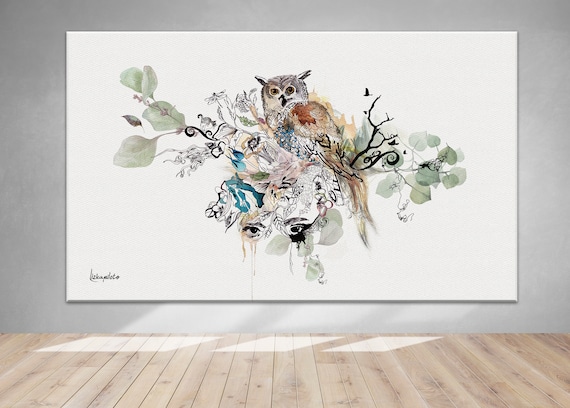 Owl Large Canvas Print, Original Watercolor Art, Large Wall Art, Watercolor Owl Painting, Painting for Lliving Room, Owl Art Print