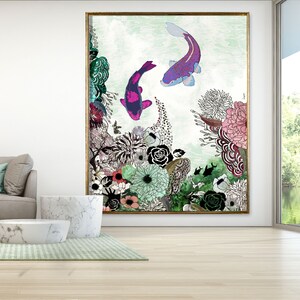 A framed illustration of two pink and purple fish swimming in a green and white floral background. The fish are surrounded by flowers and leaves in shades of pink, green, black, and white.