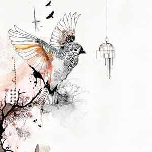 Prints illustrations, Bird cage art, Living Room Art, Bird art drawing, Orange and gray image 1