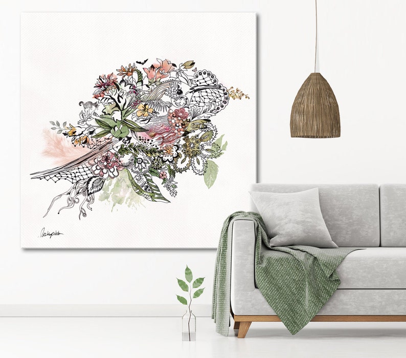 May include: A black and white floral illustration with pink, green, and yellow accents. The illustration features a variety of flowers, leaves, and vines, creating a whimsical and intricate design.