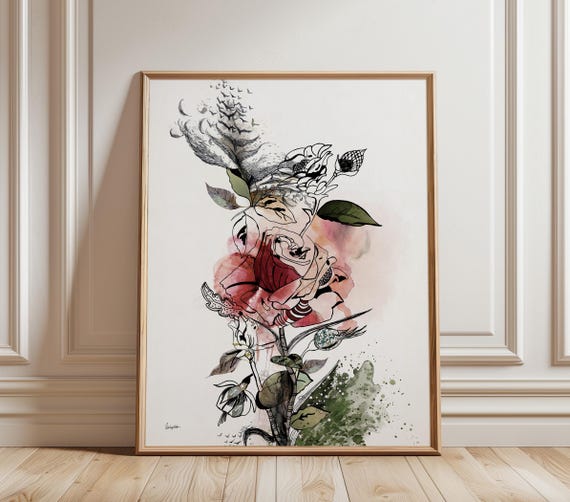 Flower Watercolor Painting, Red Flower Art Print, Rose Painting, Watercolor Flower Art, Flowers Watercolour Painting, Modern Flower Wall Art