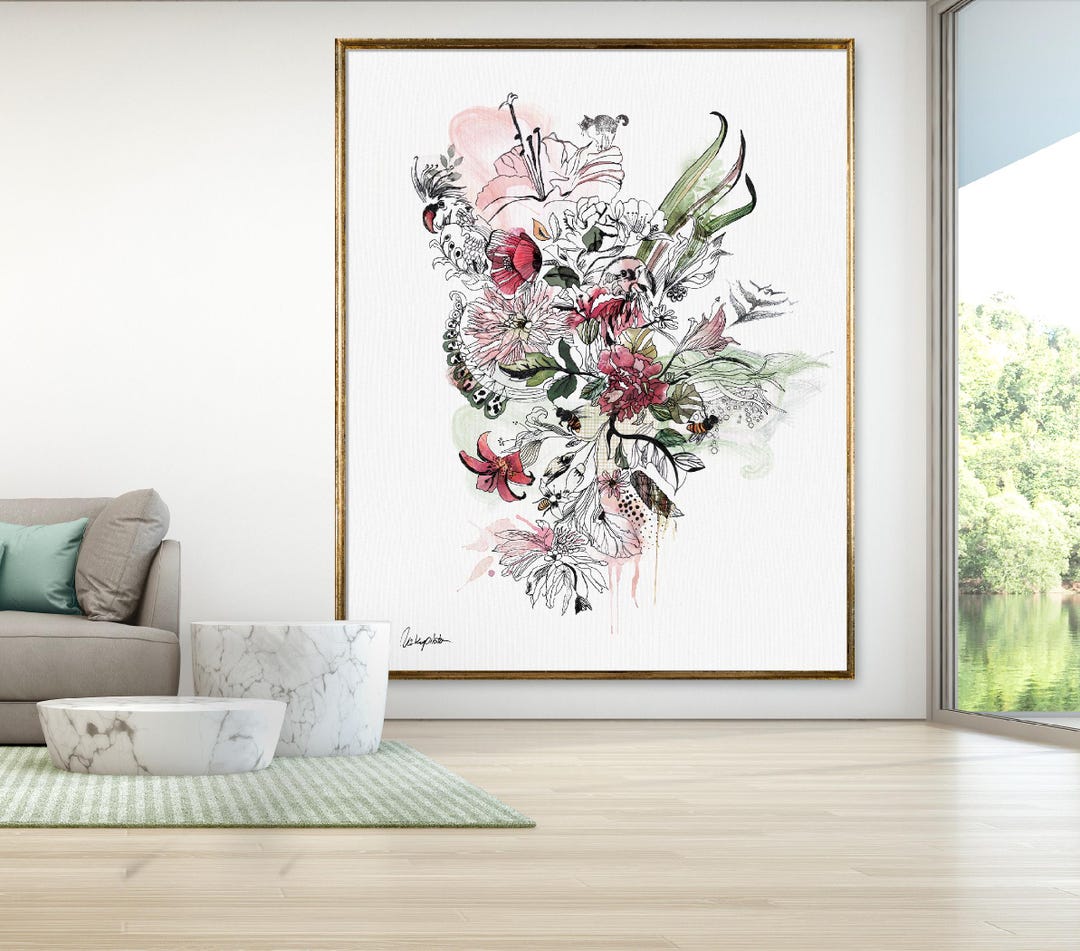 目のイラスト モダンアート フレーム付き 抽象的な花のイラスト、花の水彩画、ミニマリストなインクの植物画
