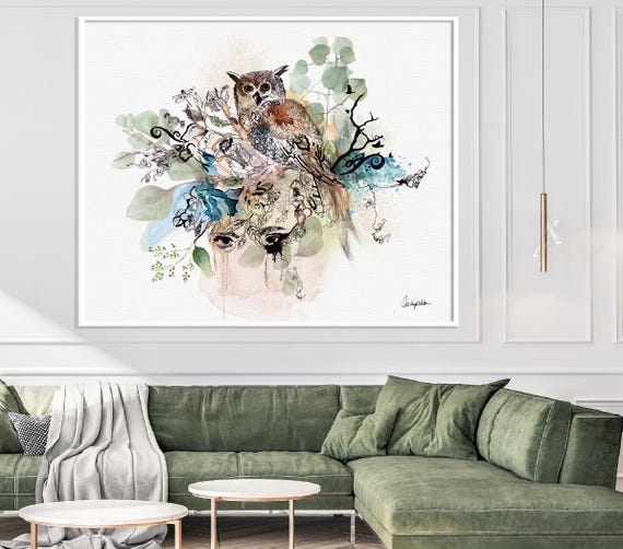 Original Owl Art Print, Wildlife Art Print, Owl Gift for Woman, Large Wall Art, Owl Decor, Animal Watercolor Painting, Owl Lover Gift
