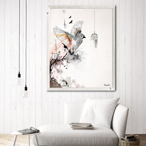 May include: A black and white illustration of a bird flying out of a cage. The bird is in flight with its wings spread wide. The cage is hanging from the ceiling. The background is a light pink and white watercolor wash. The image is titled "Laughter".