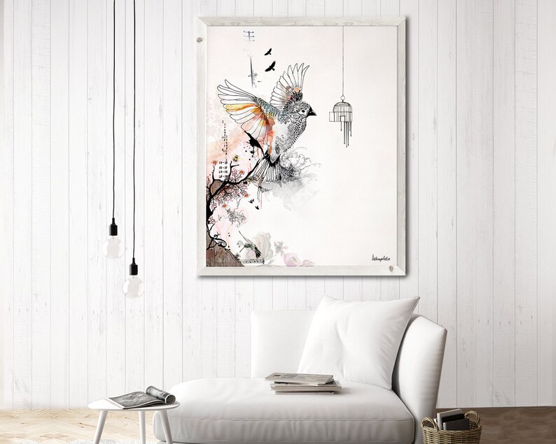 May include: A black and white illustration of a bird flying out of a cage. The bird is in flight with its wings spread wide. The cage is hanging from the ceiling. The background is a light pink and white watercolor wash. The image is titled "Laughter".