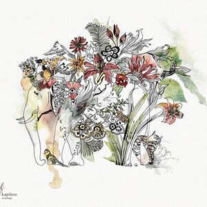 An artistic illustration of an elephant adorned with a floral headdress and surrounded by flowers, birds, and a cat. The artwork features a watercolor and pen-and-ink style with a soft color palette of reds, yellows, and greens. The artist's signature is in the bottom left corner.