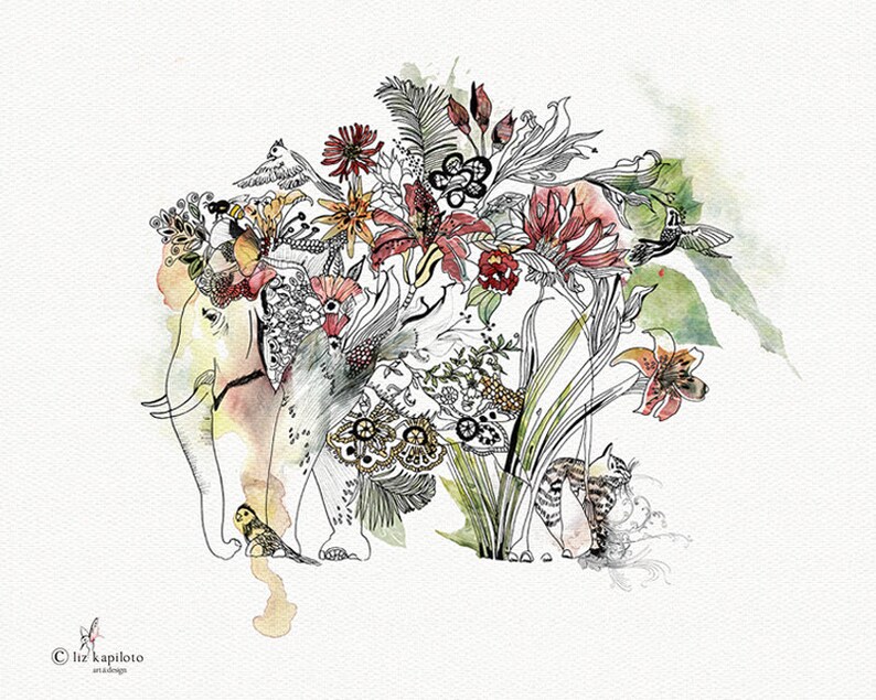 An artistic illustration of an elephant adorned with a floral headdress and surrounded by flowers, birds, and a cat. The artwork features a watercolor and pen-and-ink style with a soft color palette of reds, yellows, and greens. The artist's signature is in the bottom left corner.
