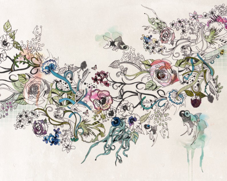 May include: Watercolor illustration featuring a floral design with roses, berries, and other flowers in shades of pink, blue, and purple. The artwork includes whimsical fish and butterflies, set against a cream-colored background with delicate line work.
