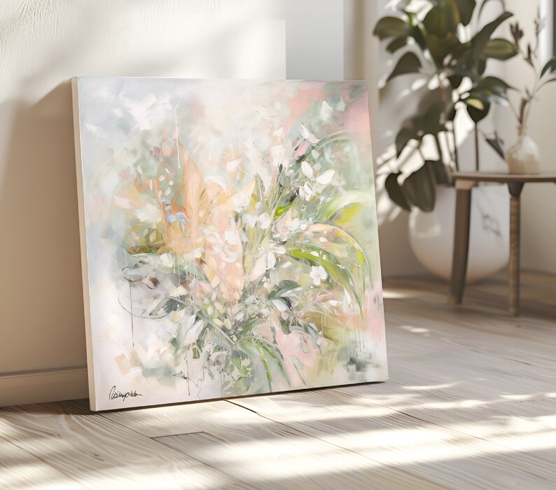A painting of a bouquet of white flowers with green leaves on a white background. The flowers are painted in a soft, abstract style. The painting is signed in the bottom left corner.