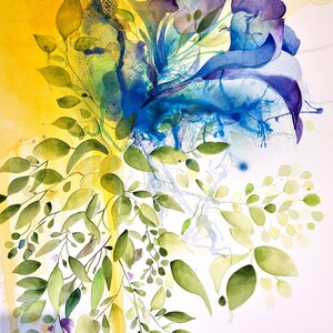 Abstract watercolor painting featuring a bouquet of blue and purple flowers with green leaves. The background is a yellow watercolor wash.