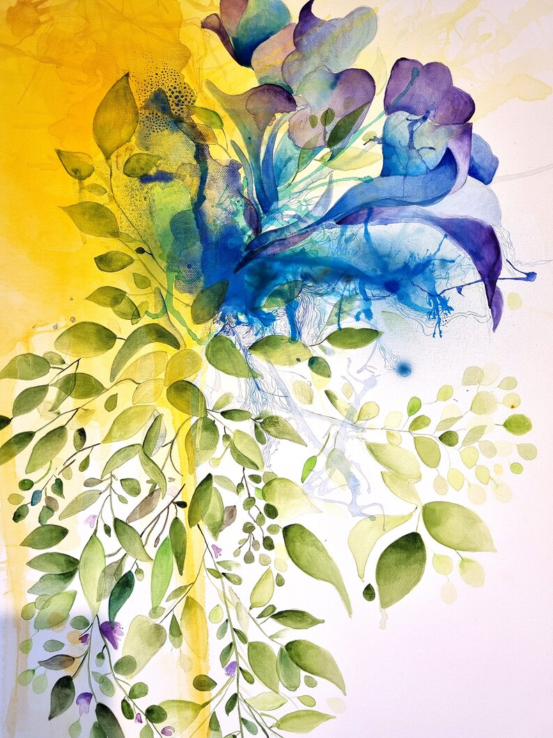 Abstract watercolor painting featuring a bouquet of blue and purple flowers with green leaves. The background is a yellow watercolor wash.