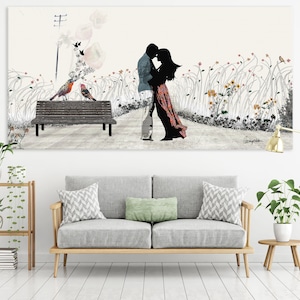 Large Wall Art, Love Couple Paintings, Canvas Art, Love Painting, Panoramic Wall Art image 1