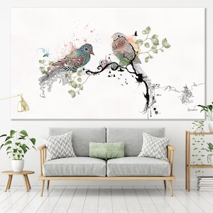 Love Birds Living Room Wall Art, Large Painting, Living Room Wall Decor, Extra Large wall art, Original Watercolor Painting, Love Birds Art