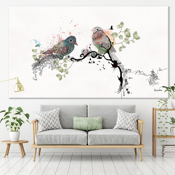 Art mural du salon Love Birds, grande peinture, décoration murale du salon, très grande oeuvre d'art murale, aquarelle originale, Art Love Birds