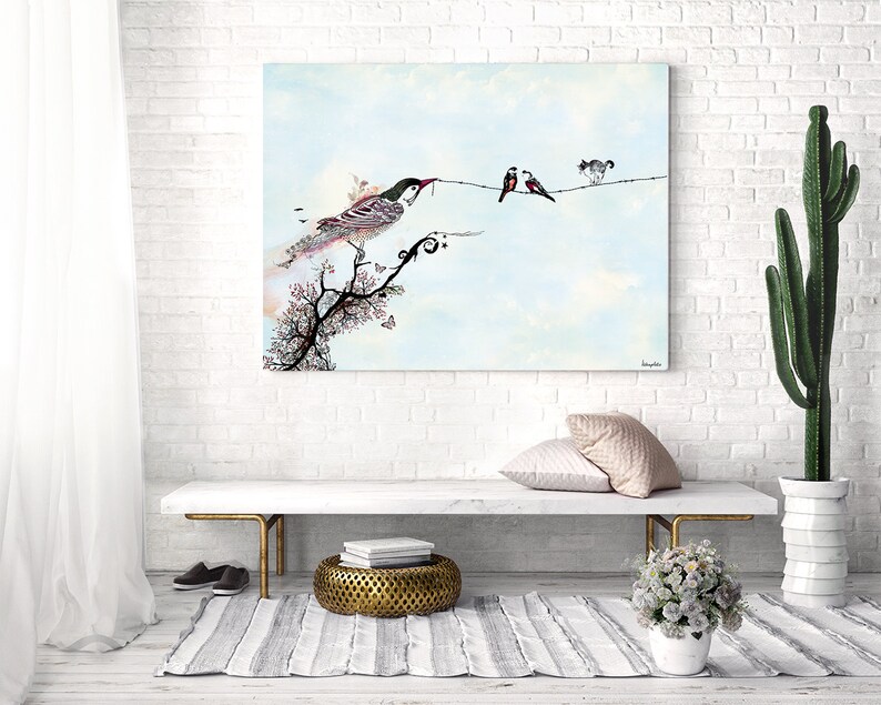 May include: A watercolor painting of a bird perched on a branch with pink blossoms. Two smaller birds and a cat are on a wire above the bird. The background is a light blue sky with clouds.