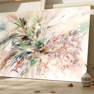 Abstract watercolor painting with a light pink, beige, and green background. The painting features a variety of leaves and branches in shades of green, brown, and pink. A small bird is perched on a branch in the center of the painting.
