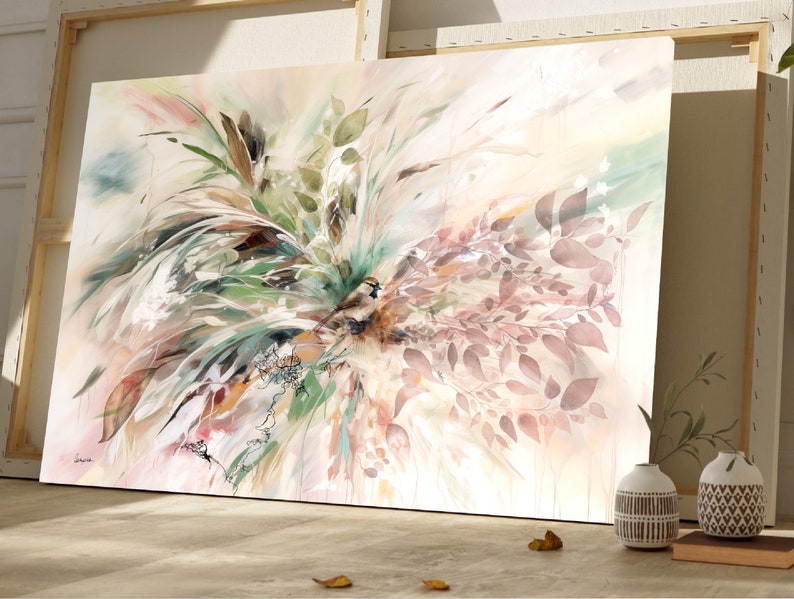 Abstract watercolor painting with a light pink, beige, and green background. The painting features a variety of leaves and branches in shades of green, brown, and pink. A small bird is perched on a branch in the center of the painting.