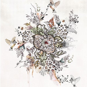 A watercolor illustration of a stylized floral design with birds and bees. The design features a large, intricate flower with swirling petals and leaves. The birds are flying around the flower, and the bees are buzzing around the flowers.