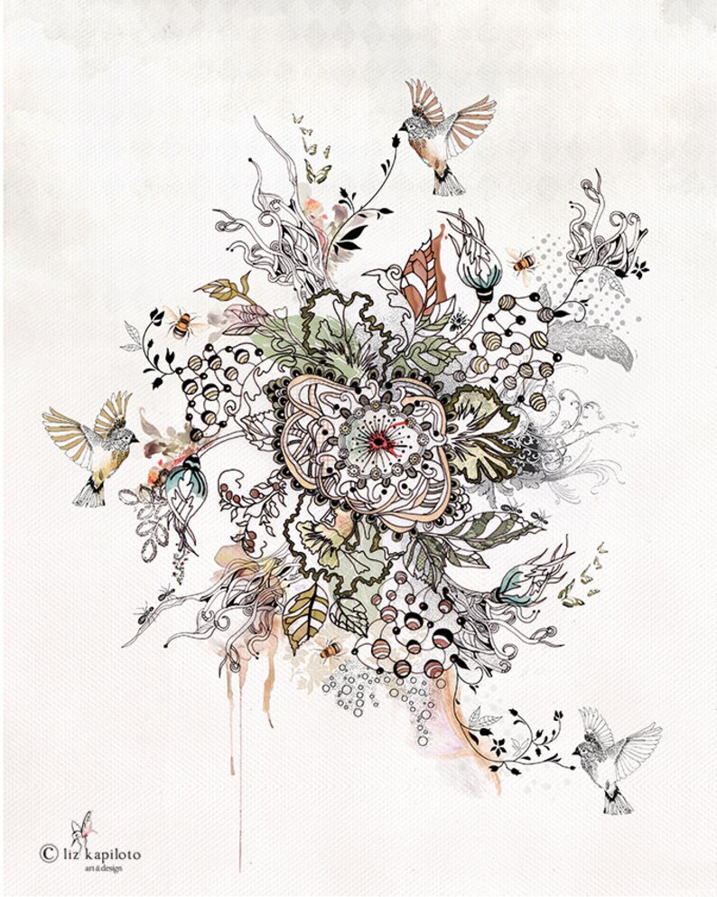 A watercolor illustration of a stylized floral design with birds and bees. The design features a large, intricate flower with swirling petals and leaves. The birds are flying around the flower, and the bees are buzzing around the flowers.