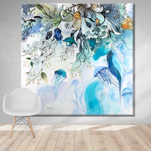 Abstract watercolor painting featuring a blue, green, and white color scheme. The painting depicts a floral design with delicate lines and shapes, resembling jellyfish and flowers. The background is a light blue with white and green accents.