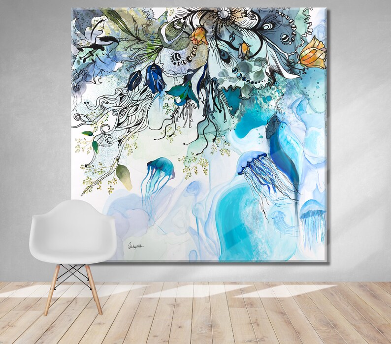 Abstract watercolor painting featuring a blue, green, and white color scheme. The painting depicts a floral design with delicate lines and shapes, resembling jellyfish and flowers. The background is a light blue with white and green accents.