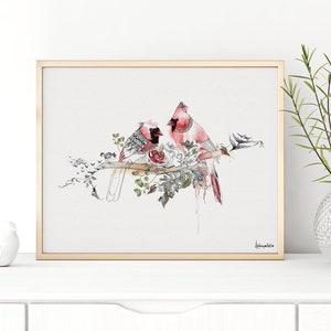 A watercolor painting of two red cardinals perched on a branch with a pink rose. The birds are facing each other and the background is white.