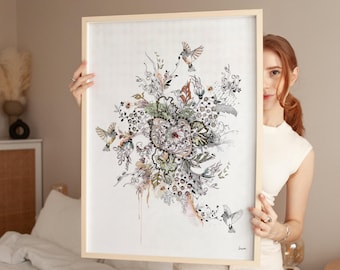 Floral Boho Wall Art, Modern Painting, Boho Home Decor, Modern Boho Art, Bohemian Wall Art, Modern Flowers Art, Line Black Ink Art