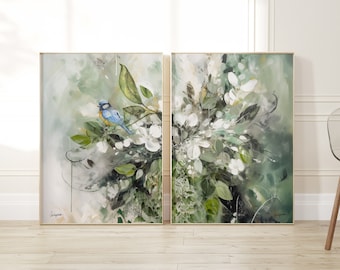 Set of 2 Wall Art, Green Nature Painting, Trendy Wall Art, Maximalist Wall Art, Canvas Print Set for Living Room, Green Tropical Painting