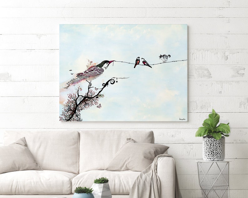 May include: A watercolor painting of a bird perched on a branch with three other birds on a wire in the background. The sky is a light blue with white clouds. The bird on the branch is a light pink and gray with a long tail. The birds on the wire are black and white.