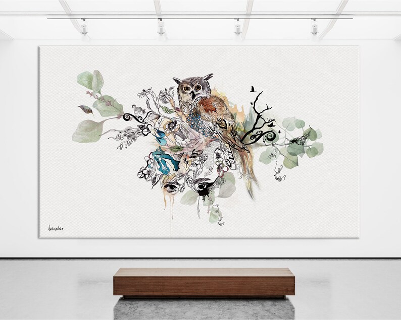A watercolor painting of an owl perched on a branch with green leaves and intricate details. The owl has brown and gray feathers and large, yellow eyes. The painting has a whimsical and ethereal feel.