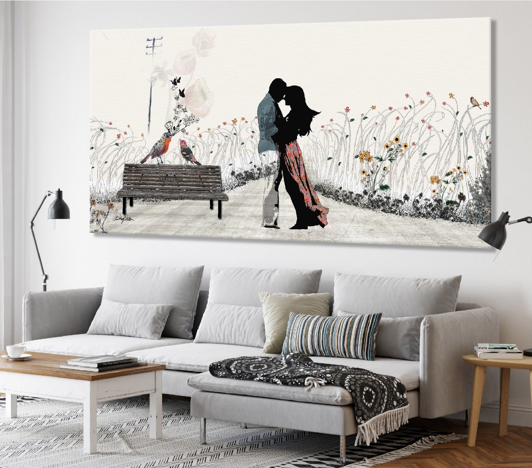 Pintura "Casal Apaixonado" em Tela, Arte Romântica para Decoração de Quarto