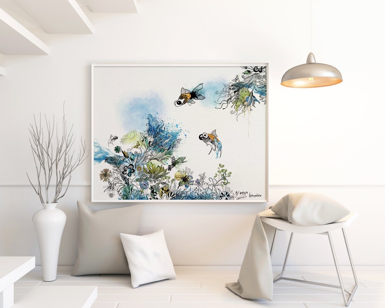 A framed watercolor painting of two goldfish swimming in a blue and green underwater scene with floral details. The painting is signed "Y. Wong" in the bottom right corner.