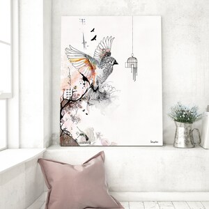 Prints illustrations, Bird cage art, Living Room Art, Bird art drawing, Orange and gray image 5