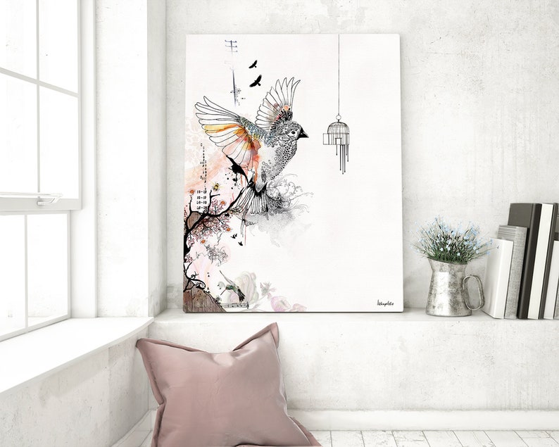 Prints illustrations, Bird cage art, Living Room Art, Bird art drawing, Orange and gray image 5