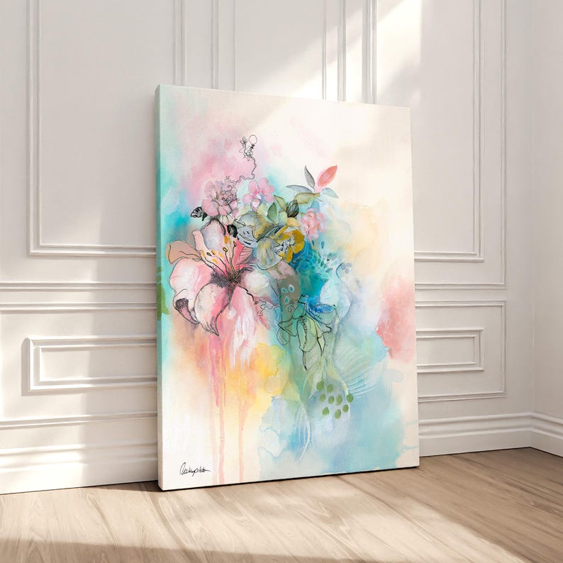 A watercolor painting of a bouquet of flowers in shades of pink, blue, green, and yellow. The flowers are painted in a loose, abstract style, with soft edges and flowing lines. The background is a light blue and pink watercolor wash.