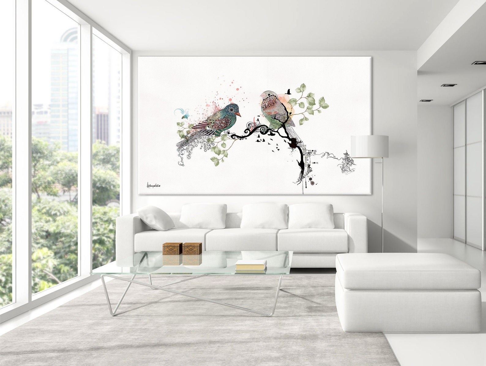 Love Birds Living Room Wall Art, Large Painting, Living Room Wall Decor ...