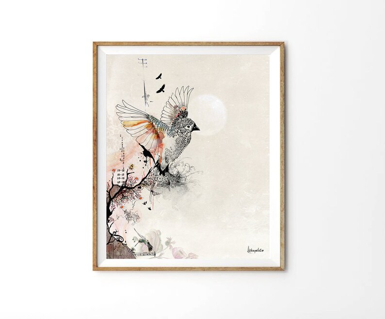 A black and white illustration of a bird with orange and pink accents, flying against a light beige background with a faint moon. The bird is surrounded by a delicate floral design in shades of pink and orange.