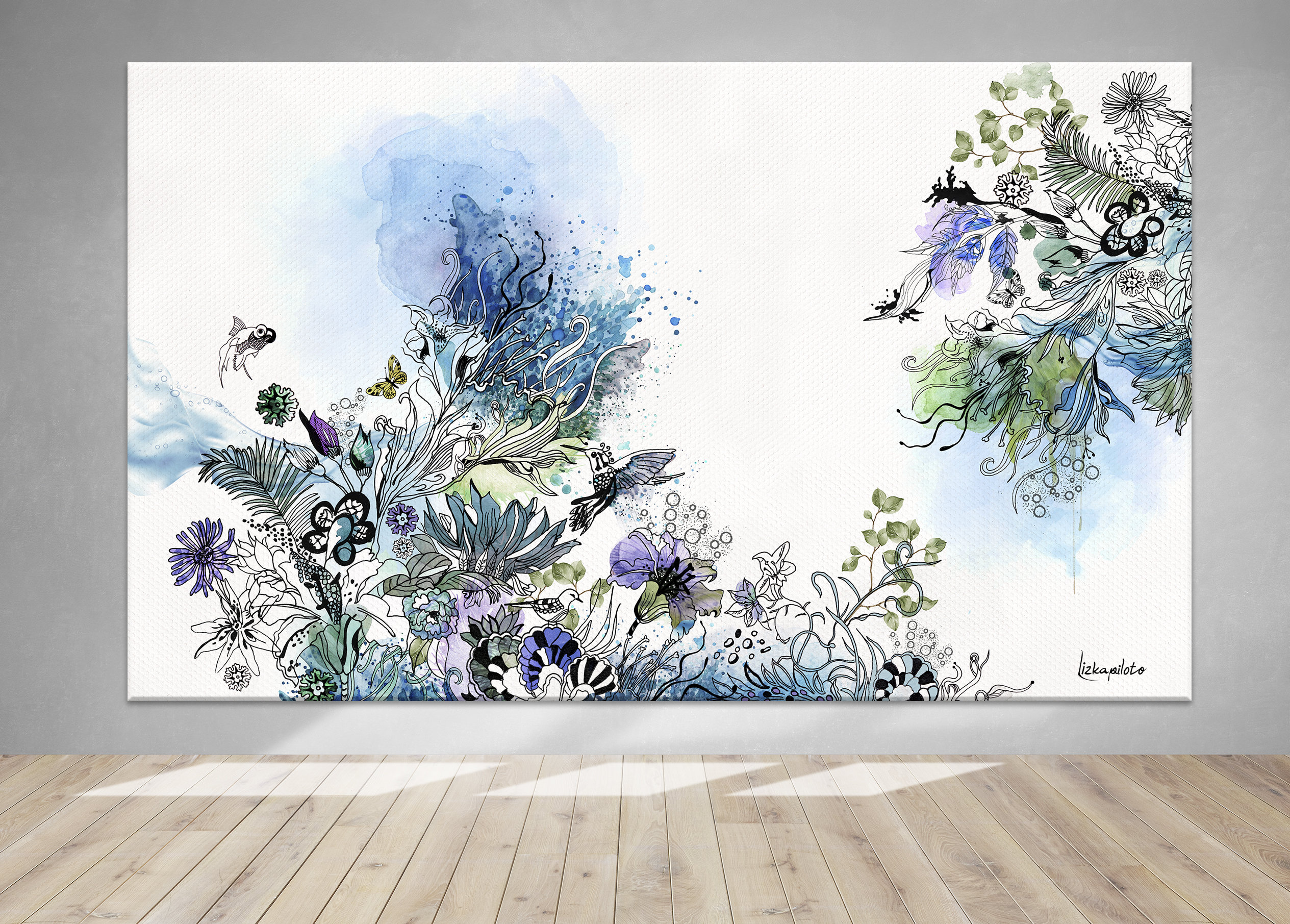 Blue Botanical Wall Art, Large Watercolor Floral Canvas, Modern Nature ...