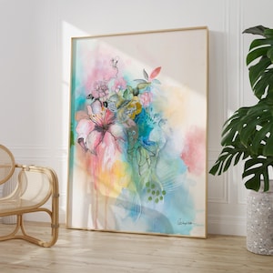 Large Flower Wall Art, Colorful Abstract Floral Painting, Above Bed Art, Bright Pink Blue Aesthetic Wall Art, Botanical Canvas Art Print