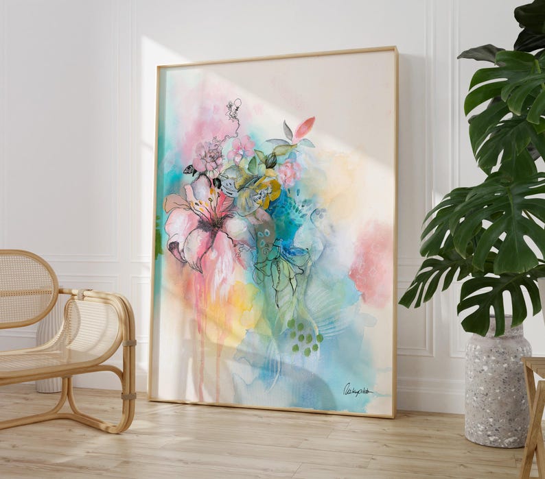 Large Flower Wall Art, Colorful Abstract Floral Painting, Above Bed Art, Bright Pink Blue Aesthetic Wall Art, Botanical Canvas Art Print