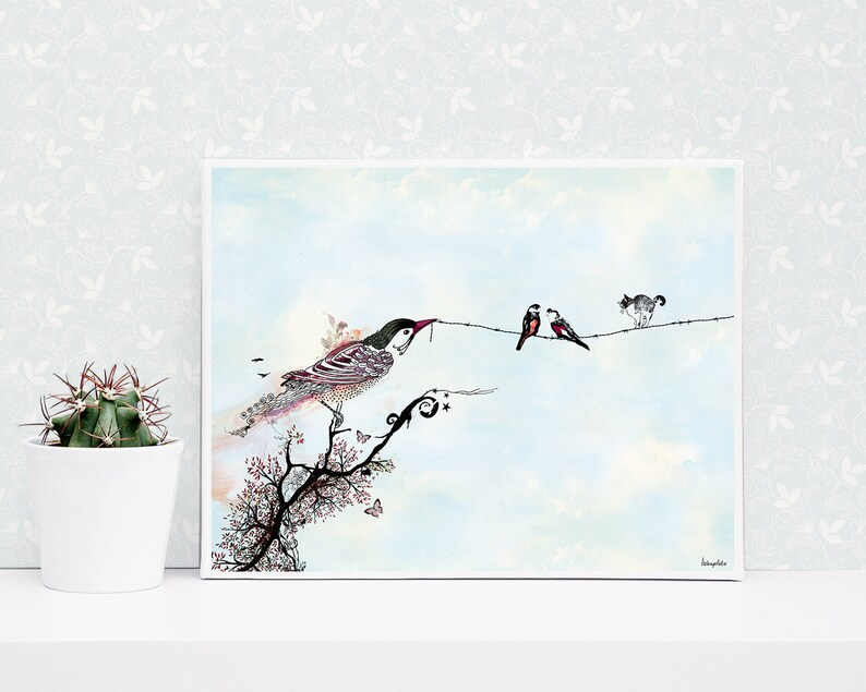 May include: A watercolor painting of a bird perched on a branch with two other birds and a cat on a wire above. The background is a light blue sky with clouds.