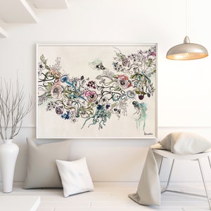 May include: A framed floral art print featuring a watercolor design with roses, leaves, and abstract elements in shades of pink, blue, and green. The artwork is displayed in a white frame, creating a decorative piece for home decor.