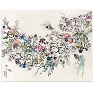 May include: An art print featuring a floral design with roses, berries, and abstract fish. The artwork uses a palette of pink, blue, and green on a cream background. The artist's signature, "liz kaploto art & design," is visible.
