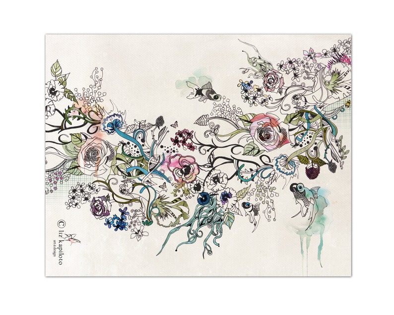 May include: An art print featuring a floral design with roses, berries, and abstract fish. The artwork uses a palette of pink, blue, and green on a cream background. The artist's signature, "liz kaploto art & design," is visible.