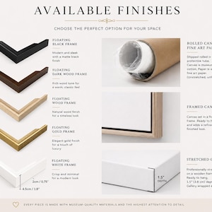 May include: A product guide titled AVAILABLE FINISHES displaying five floating frame corner samples in black, dark wood, light wood, gold, and white. Includes a rolled canvas, a framed canvas, and a stretched canvas with 1.5 inch depth.