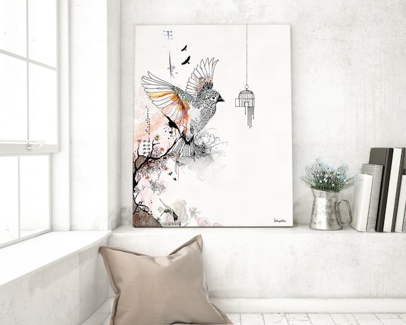 Flying Bird Print, Watercolor Art, Bird Watercolor Print, Watercolor Wall Art, Flying Bird Art, Watercolor Painting, Bird Cage Art, Ink Art